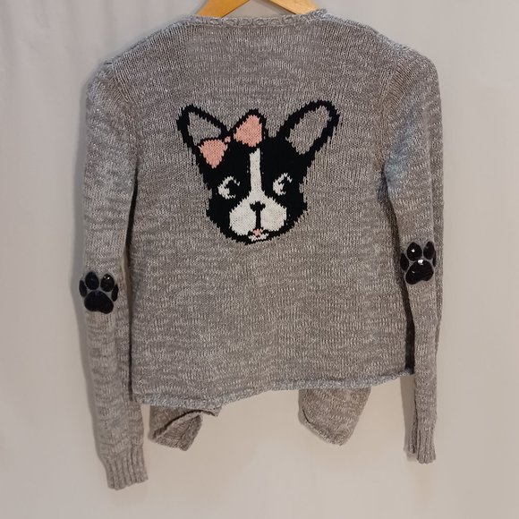 cardigan sweater,  Justice -size 12 (m) - Gray with puppy and paw prints on back - Picture 1 of 6